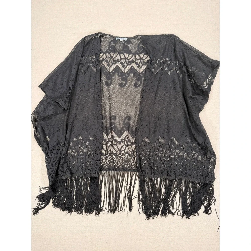 Charlotte Russe Black Lace Fringe Kimono Wrap Open Front Cardigan Small Boho